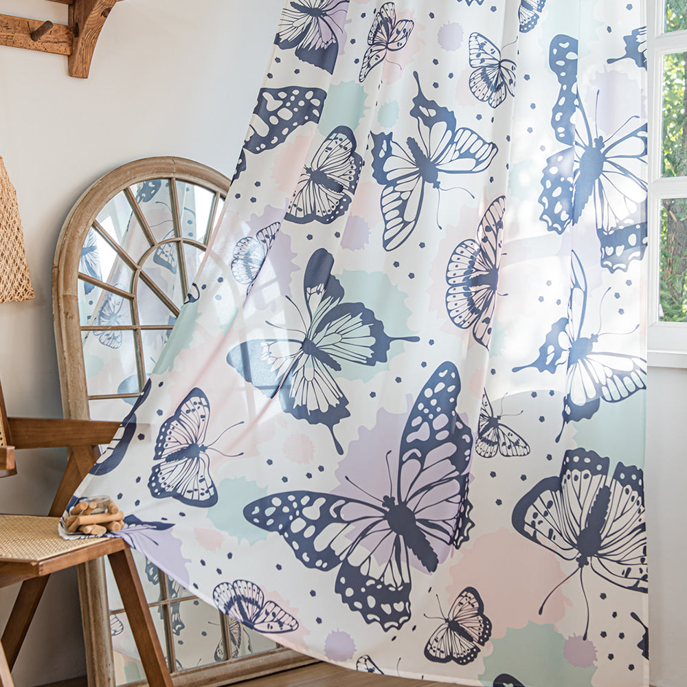 White Sheer Curtains with Blue Butterfly and Colorful Watercolor Design Print