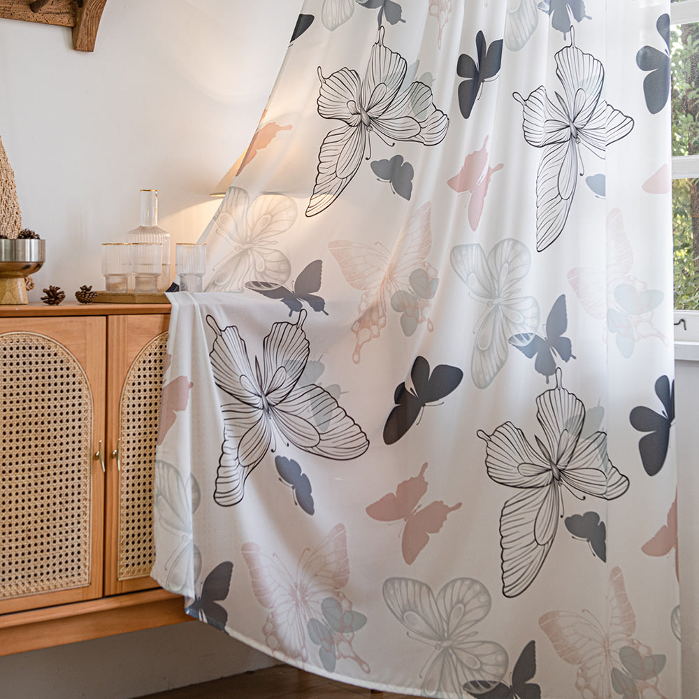 Retro Fashion White Sheer Curtains with Blue and Pink Butterfly Print