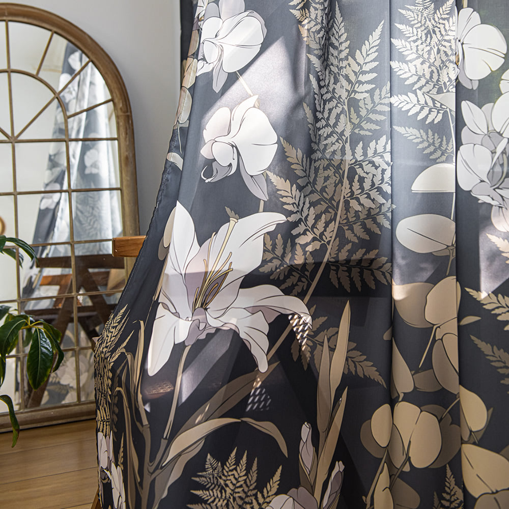 Black Sheer Curtains with Retro White Lily Flower and Leaf Plant Print