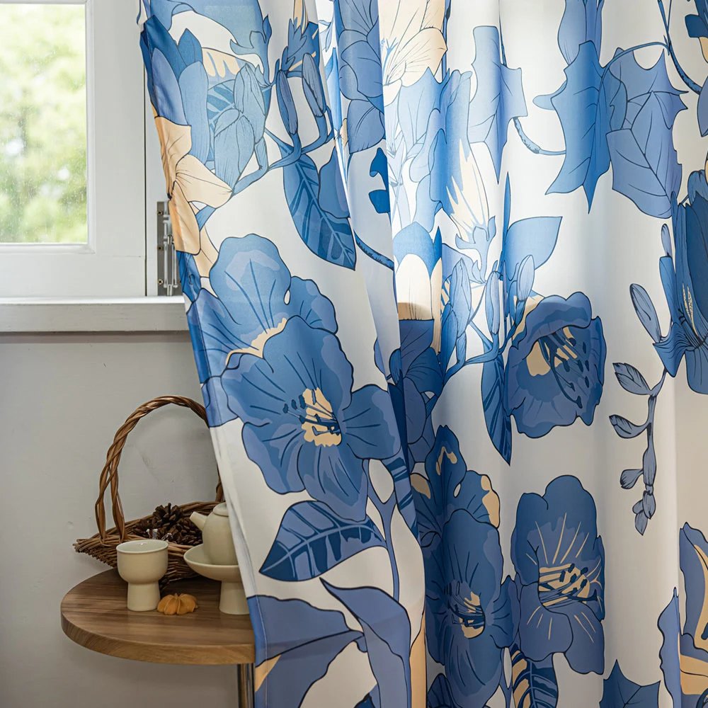 Blue Sheer Curtains with Yellow Lily and Floral Print