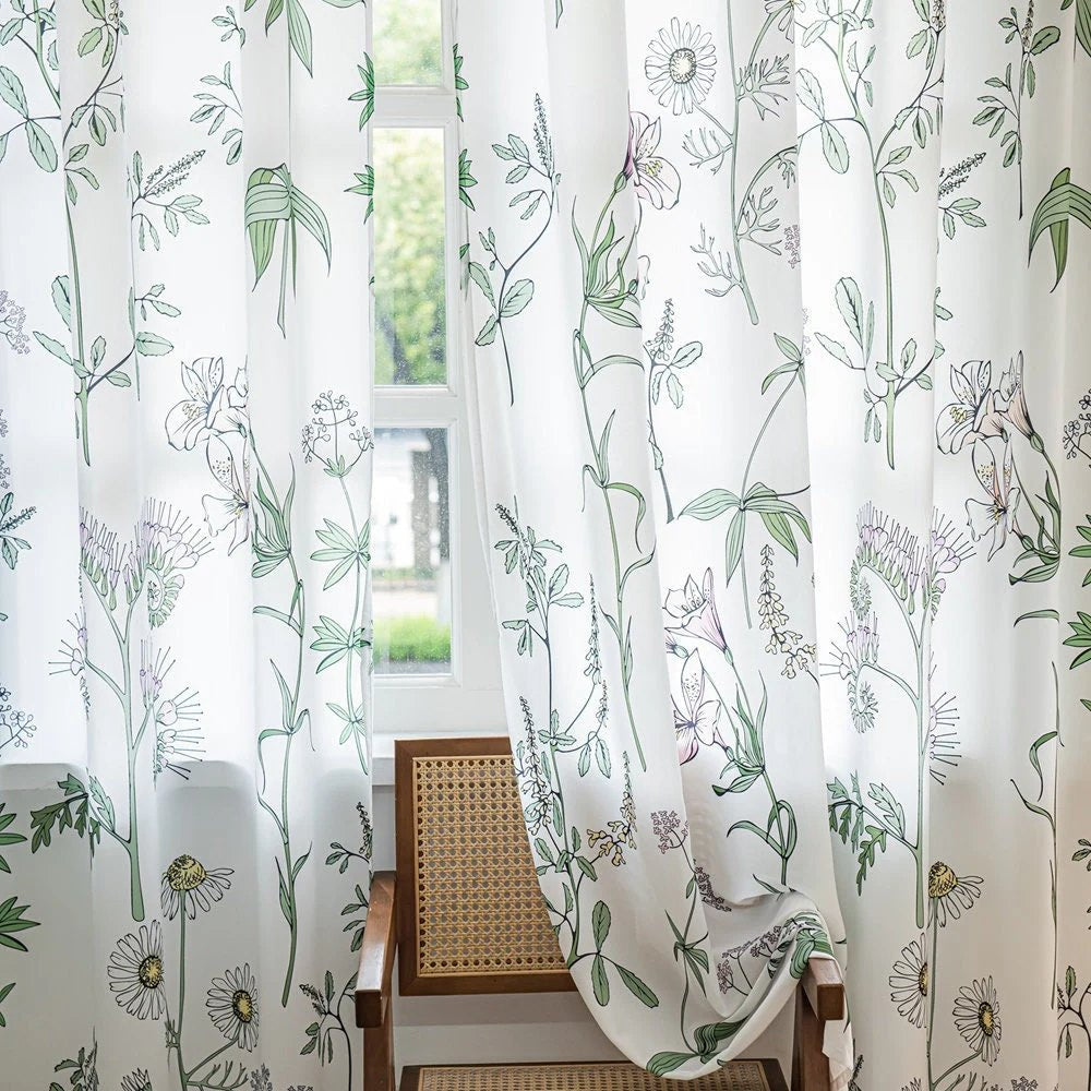 Retro White Sheer Chiffon Curtains with Green Plant, Leaves, Sunflower, and Lily Print