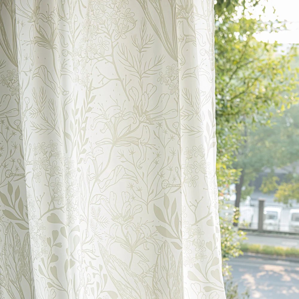 Light Green Sheer Curtains with Leaf and Plant Branches Print