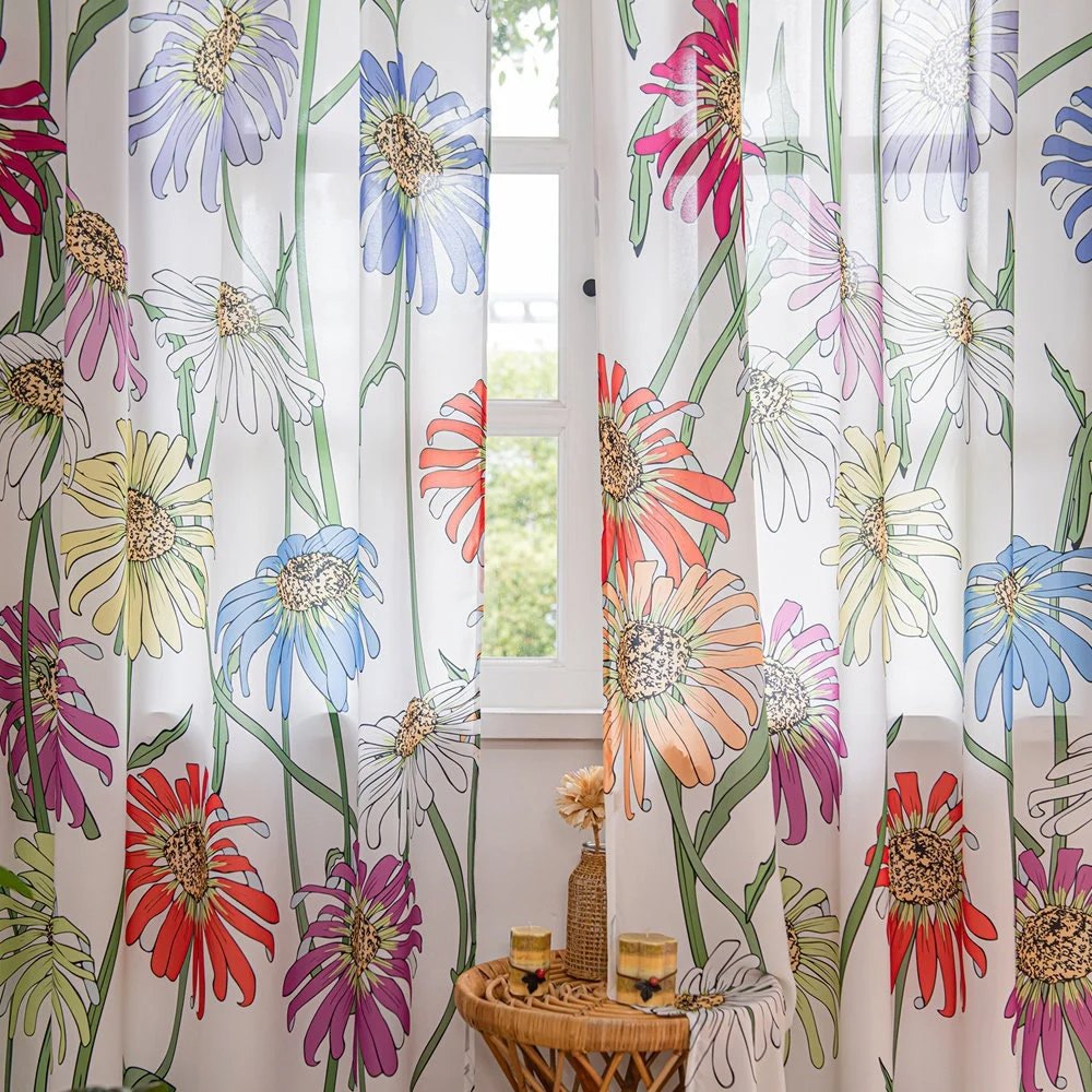 Retro Sheer Curtains with Colorful Art Sunflower Print