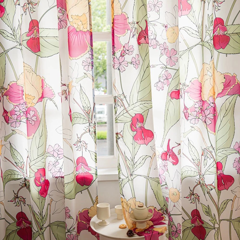 Red and Yellow Sheer Curtains with Tropical Leaves and Vintage Flower Print