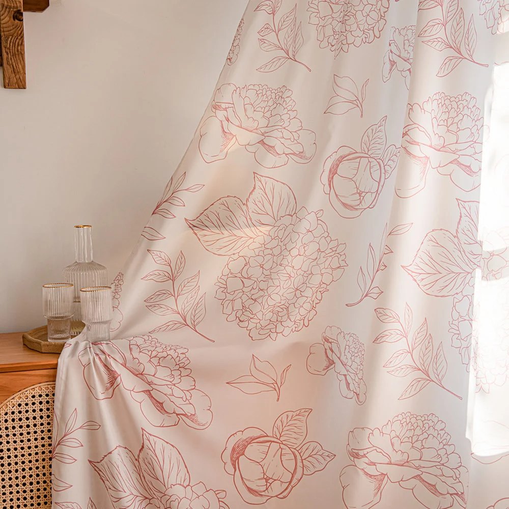 White Sheer Curtains with Line Drawing of Pink Peony, Rose, and Hydrangea Print