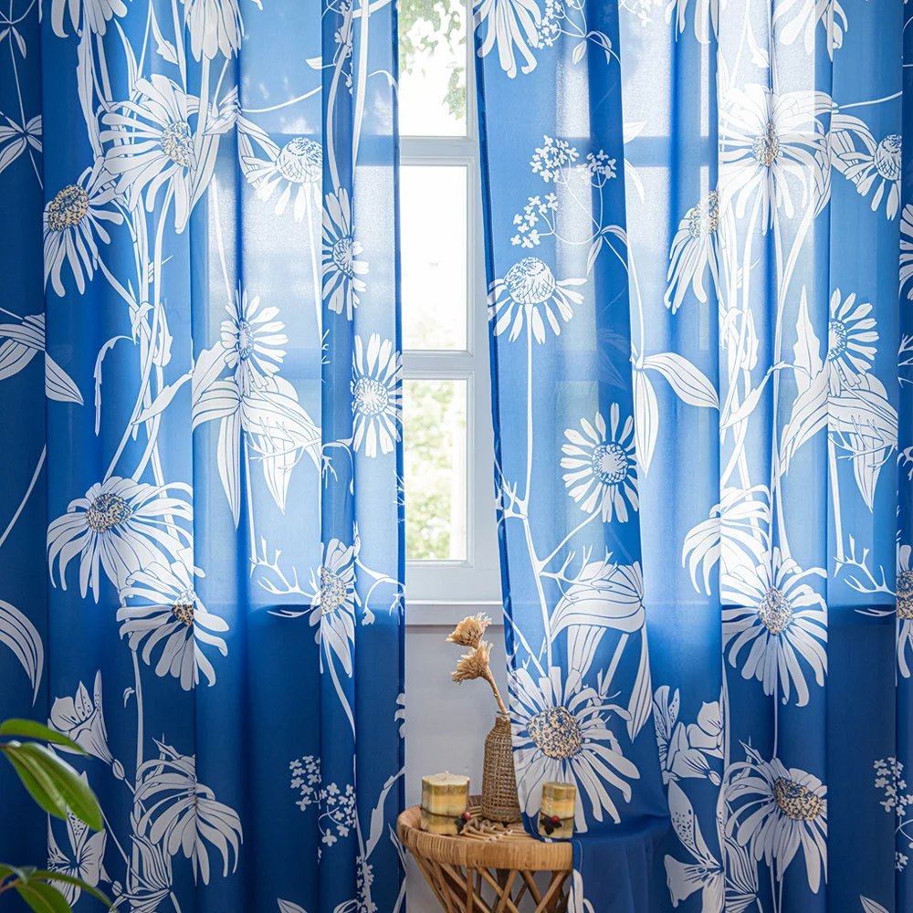 Retro Blue Sheer Chiffon Curtains with Boho Sunflower and Plant Leaves Print