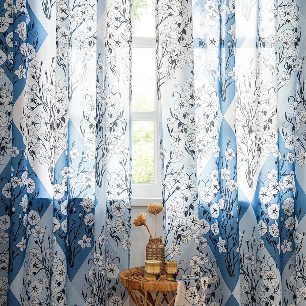 Retro Blue Sheer Curtains with White Floral Diamond Print