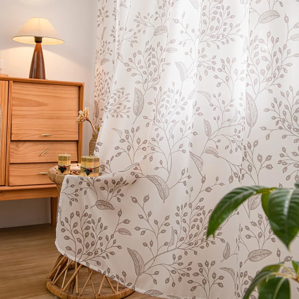 White Sheer Curtains with Brown Small Branches and Leaf Print