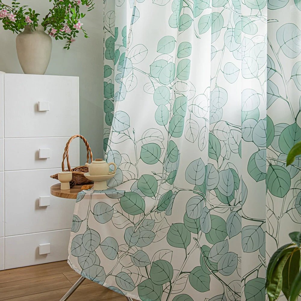 Green Sheer Curtains with Tree Branch and Leaf Plant Print