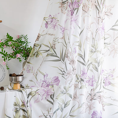 White Sheer Chiffon Curtains with Retro Purple Flower and Green Leaf Print