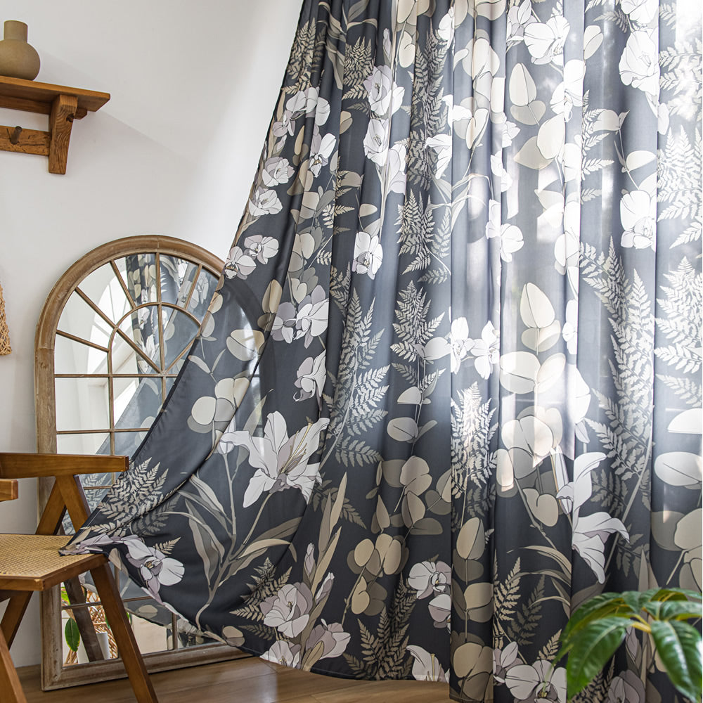 Black Sheer Curtains with Retro White Lily Flower and Leaf Plant Print