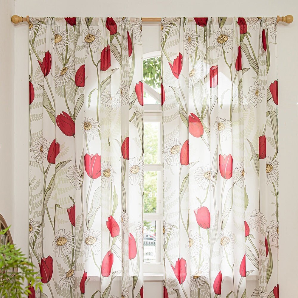 White Sheer Curtains with Red Tulip and Sunflower Floral Print