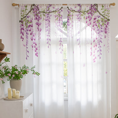 White Sheer Curtains with Wisteria Vine Branches Print