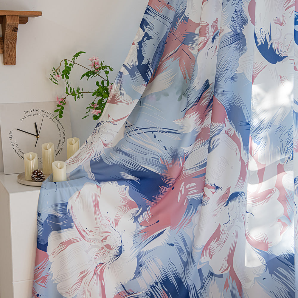 Blue Sheer Curtains with Abstract Watercolor Large White Flowers Print