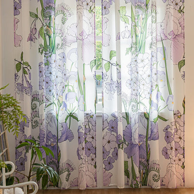 Retro White Sheer Chiffon Curtains with Art Purple Flower Print