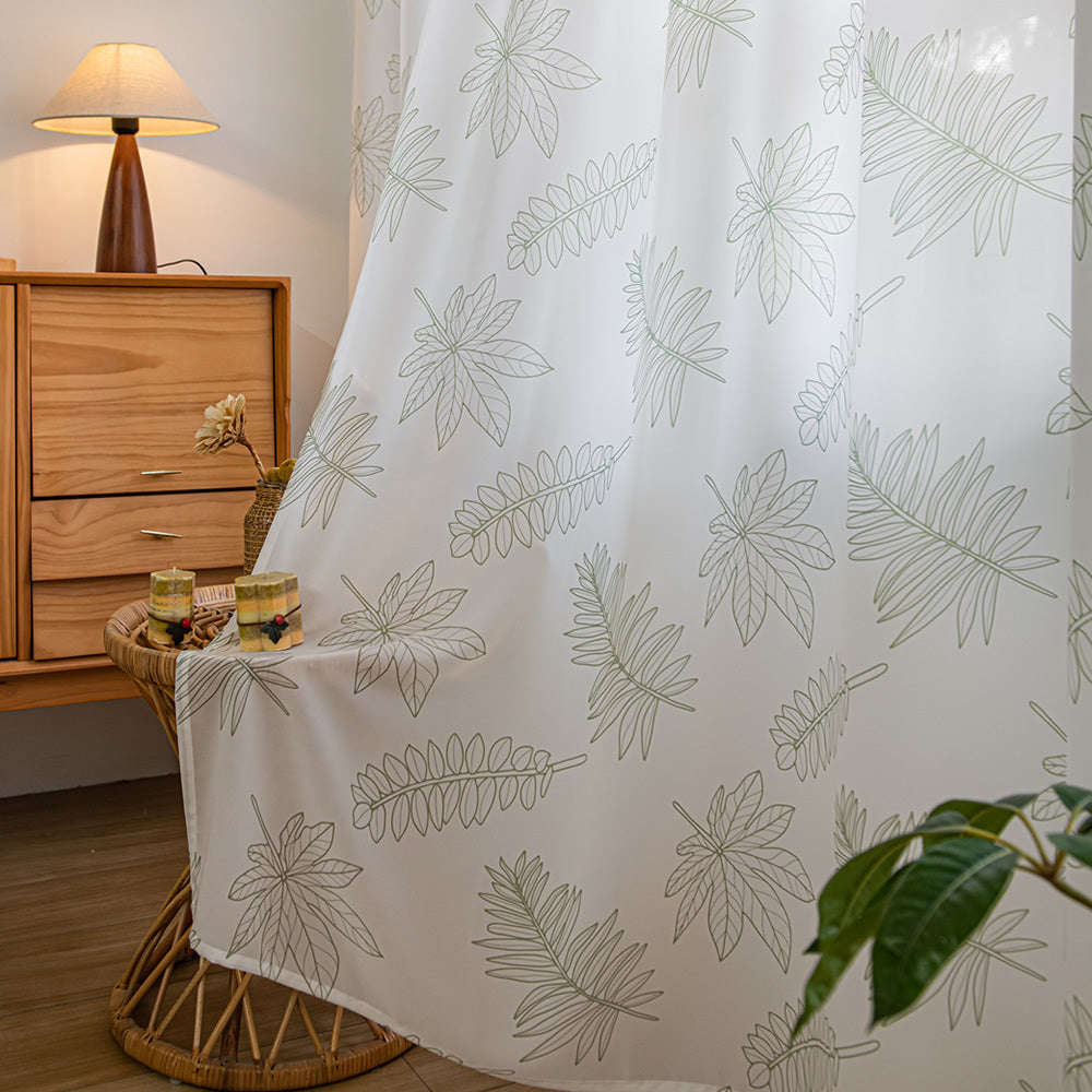 White Sheer Curtains with Green Leaf Print, Simple and Fashionable Design