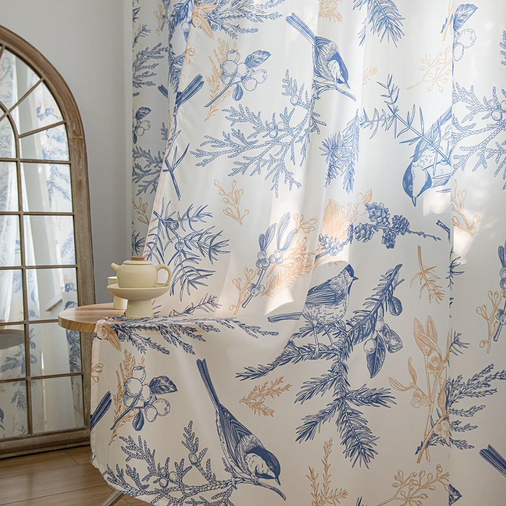 White Sheer Chiffon Curtains with Retro Blue Bird, Branches Leaf Print