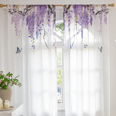 White Sheer Curtains with Purple Wisteria Flower and Butterfly Print