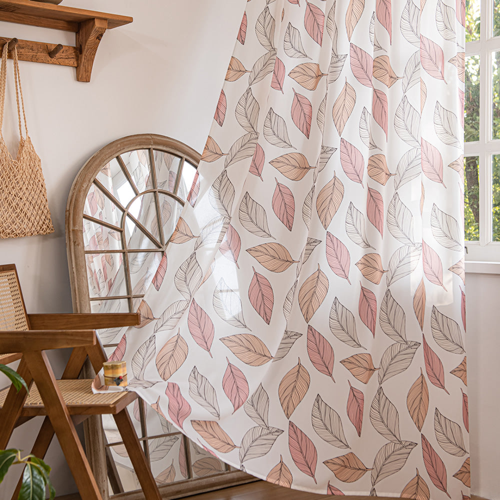 White Sheer Curtains with Autumn Leaves Print