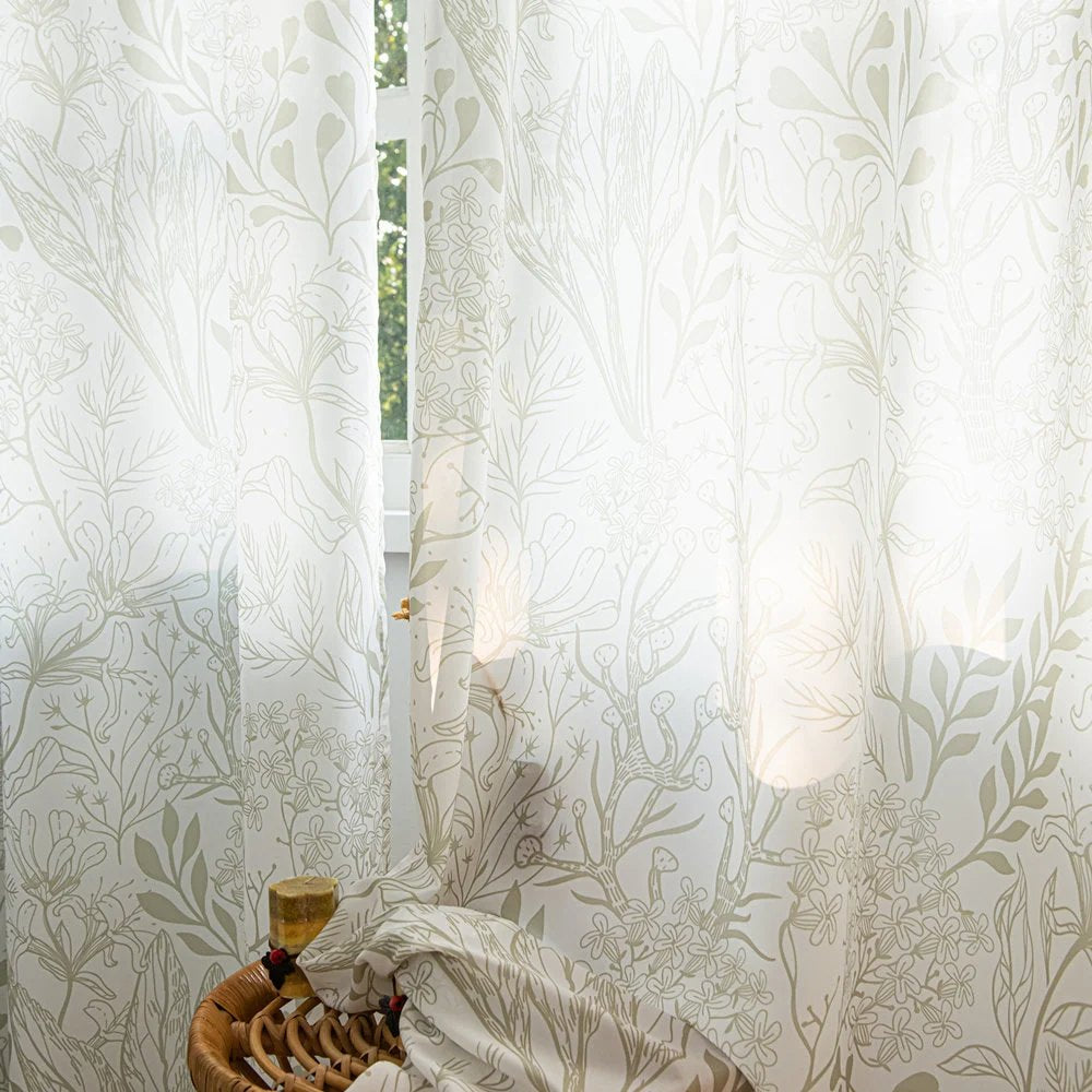 Light Green Sheer Curtains with Leaf and Plant Branches Print