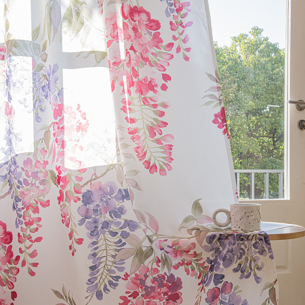 White Chiffon Sheer Curtains Pink and Purple Wisteria Flower Print