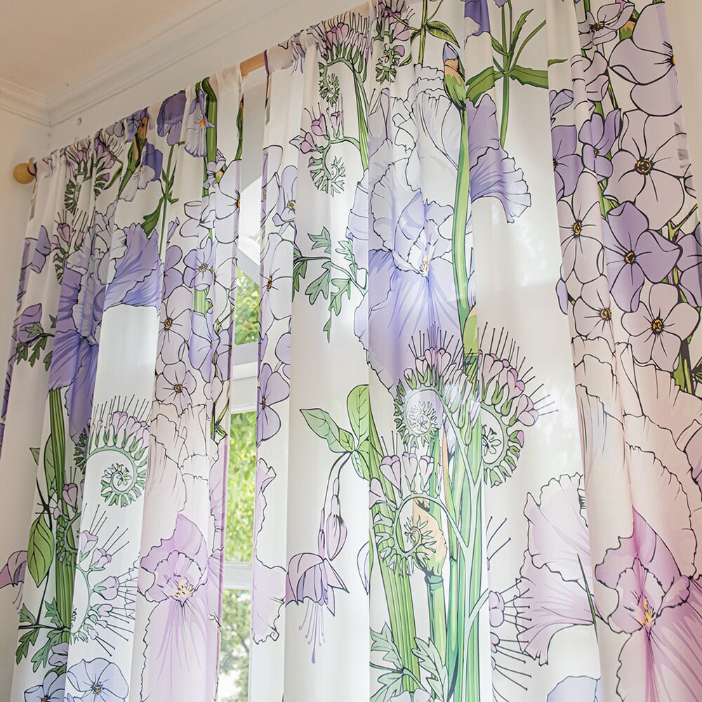 Retro White Sheer Chiffon Curtains with Art Purple Flower Print