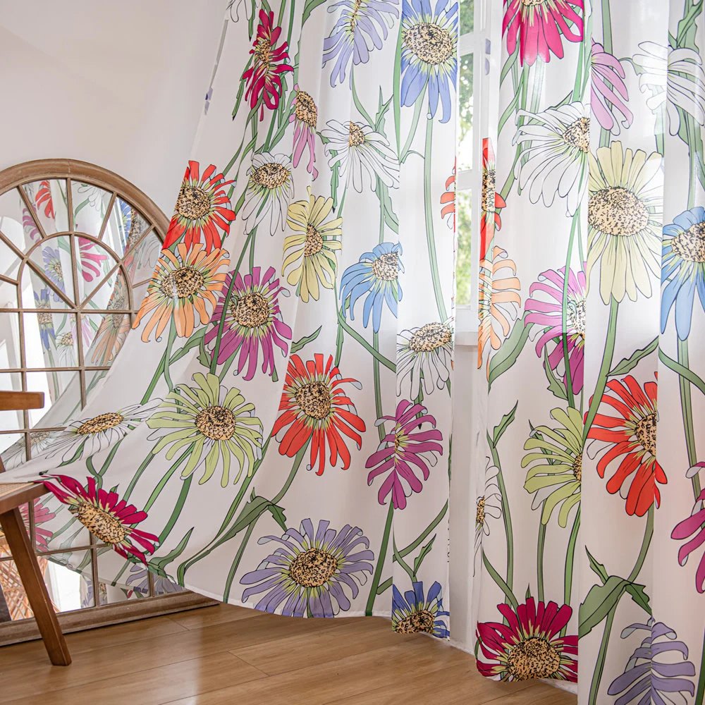 Retro Sheer Curtains with Colorful Art Sunflower Print