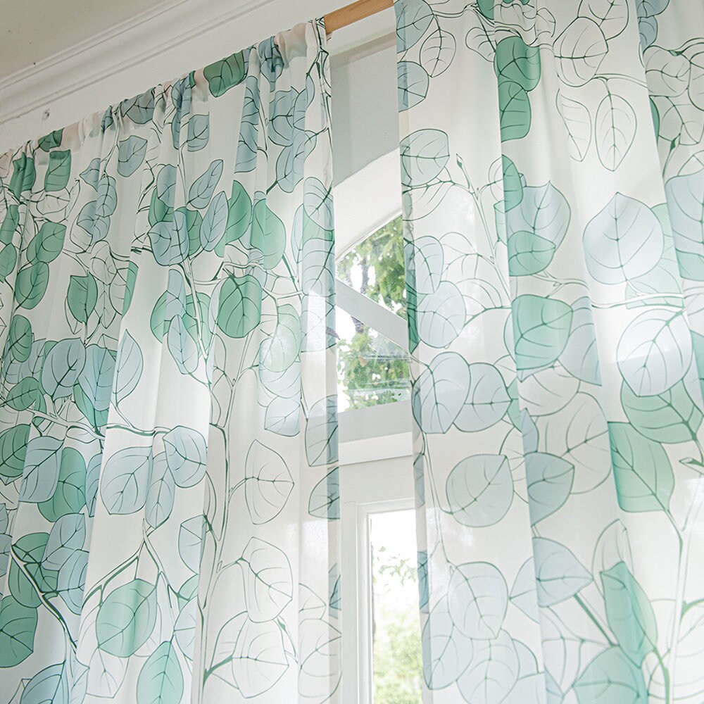 Green Sheer Curtains with Tree Branch and Leaf Plant Print