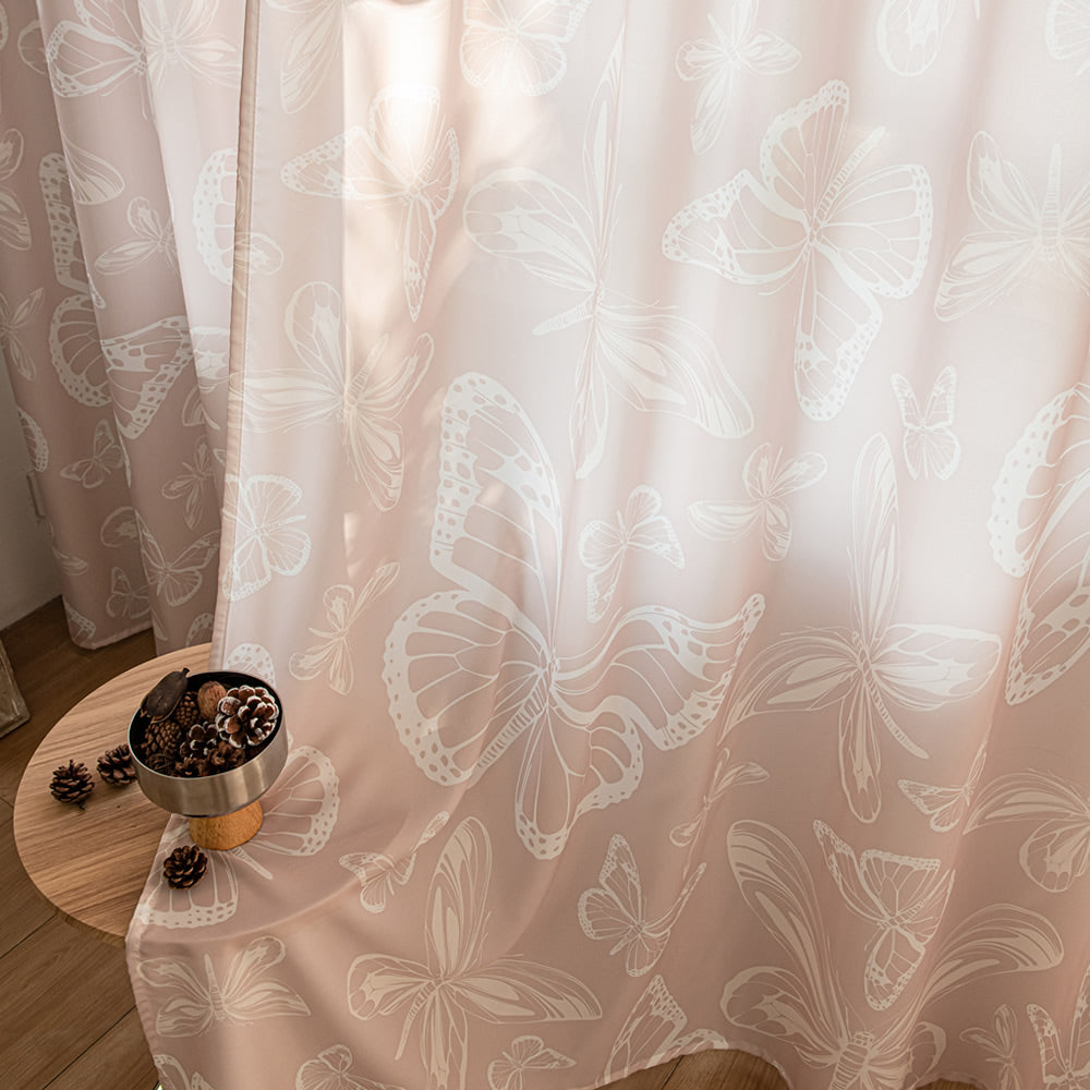 Pink Sheer Curtains with White Butterfly Print