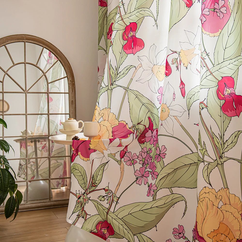 Red and Yellow Sheer Curtains with Tropical Leaves and Vintage Flower Print