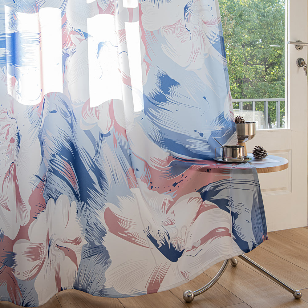 Blue Sheer Curtains with Abstract Watercolor Large White Flowers Print