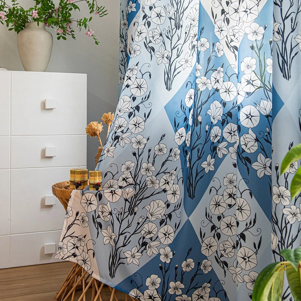 Retro Blue Sheer Curtains with White Floral Diamond Print