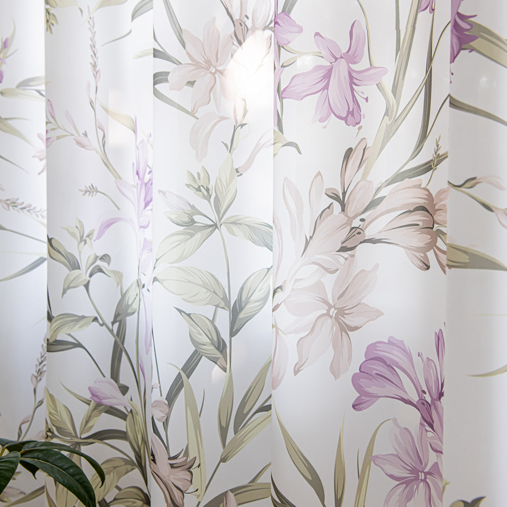 White Sheer Chiffon Curtains with Retro Purple Flower and Green Leaf Print