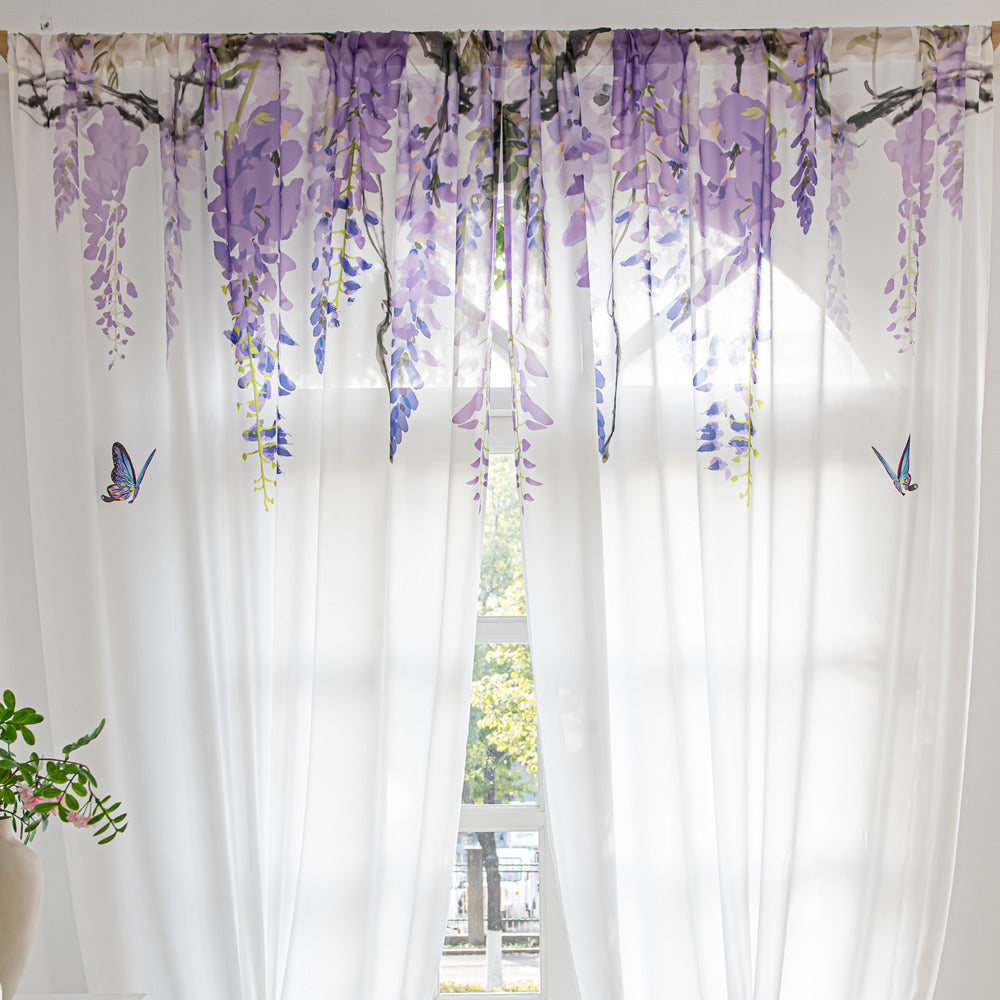 White Sheer Curtains with Purple Wisteria Flower and Butterfly Print