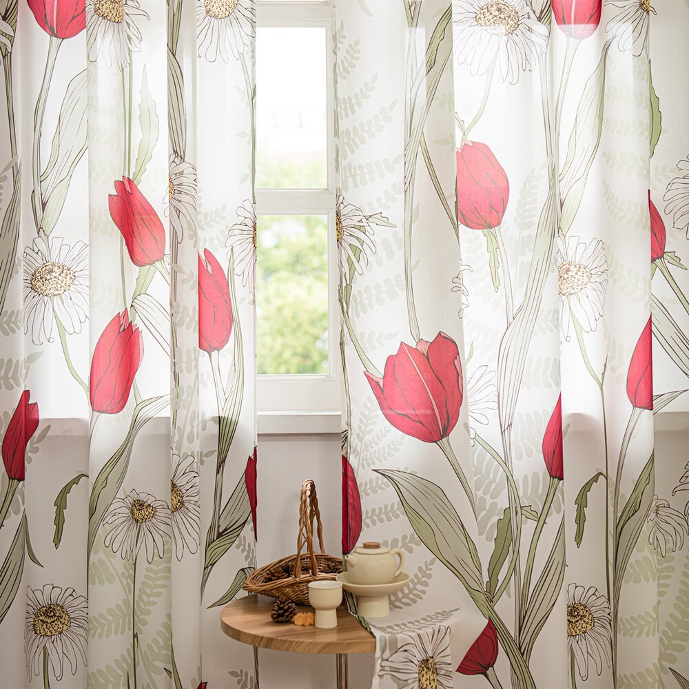 White Sheer Curtains with Red Tulip and Sunflower Floral Print