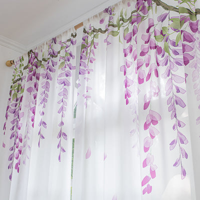 White Sheer Curtains with Wisteria Vine Branches Print