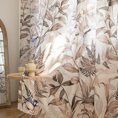 Vintage Sheer Curtains with Brown Leaf, Plant, and Bird Print