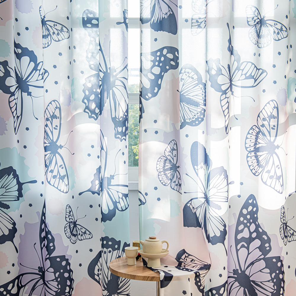 White Sheer Curtains with Blue Butterfly and Colorful Watercolor Design Print