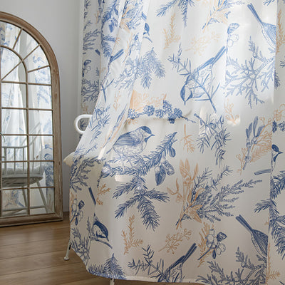 White Sheer Chiffon Curtains with Retro Blue Bird, Branches Leaf Print