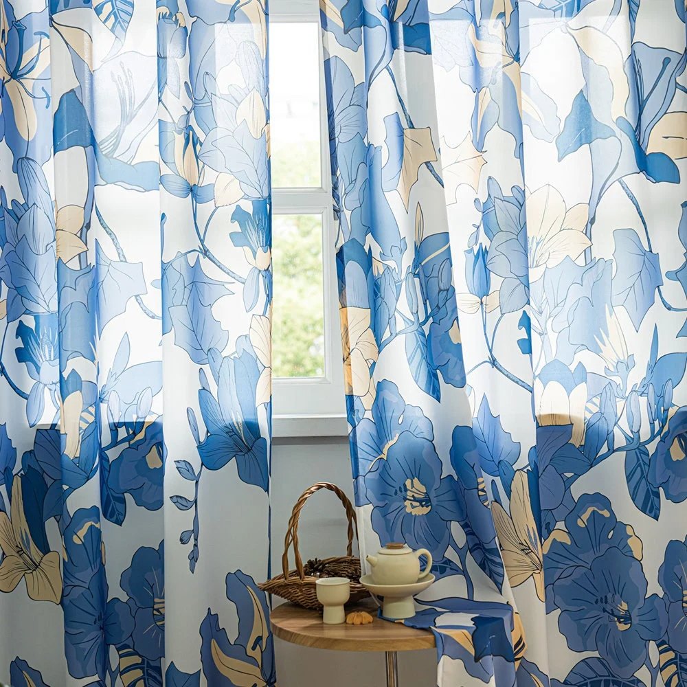 Blue Sheer Curtains with Yellow Lily and Floral Print