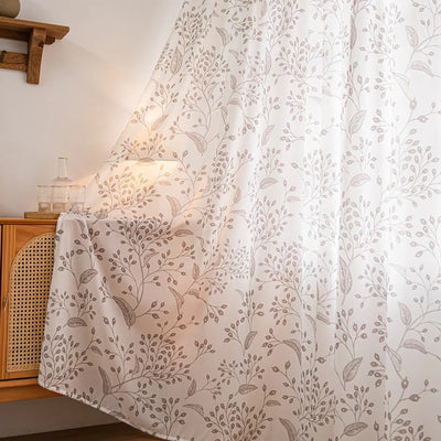 White Sheer Curtains with Brown Small Branches and Leaf Print