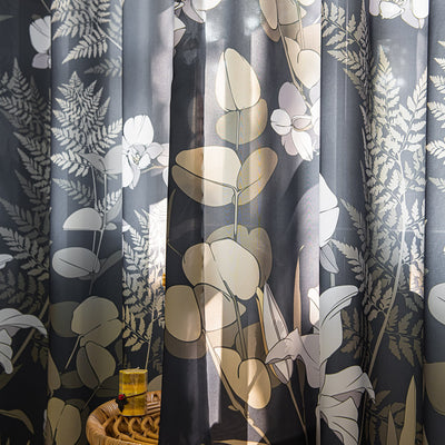 Black Sheer Curtains with Retro White Lily Flower and Leaf Plant Print