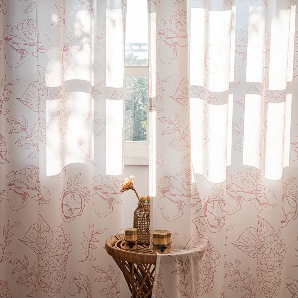 White Sheer Curtains with Line Drawing of Pink Peony, Rose, and Hydrangea Print