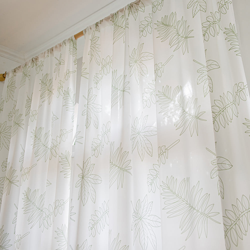 White Sheer Curtains with Green Leaf Print, Simple and Fashionable Design