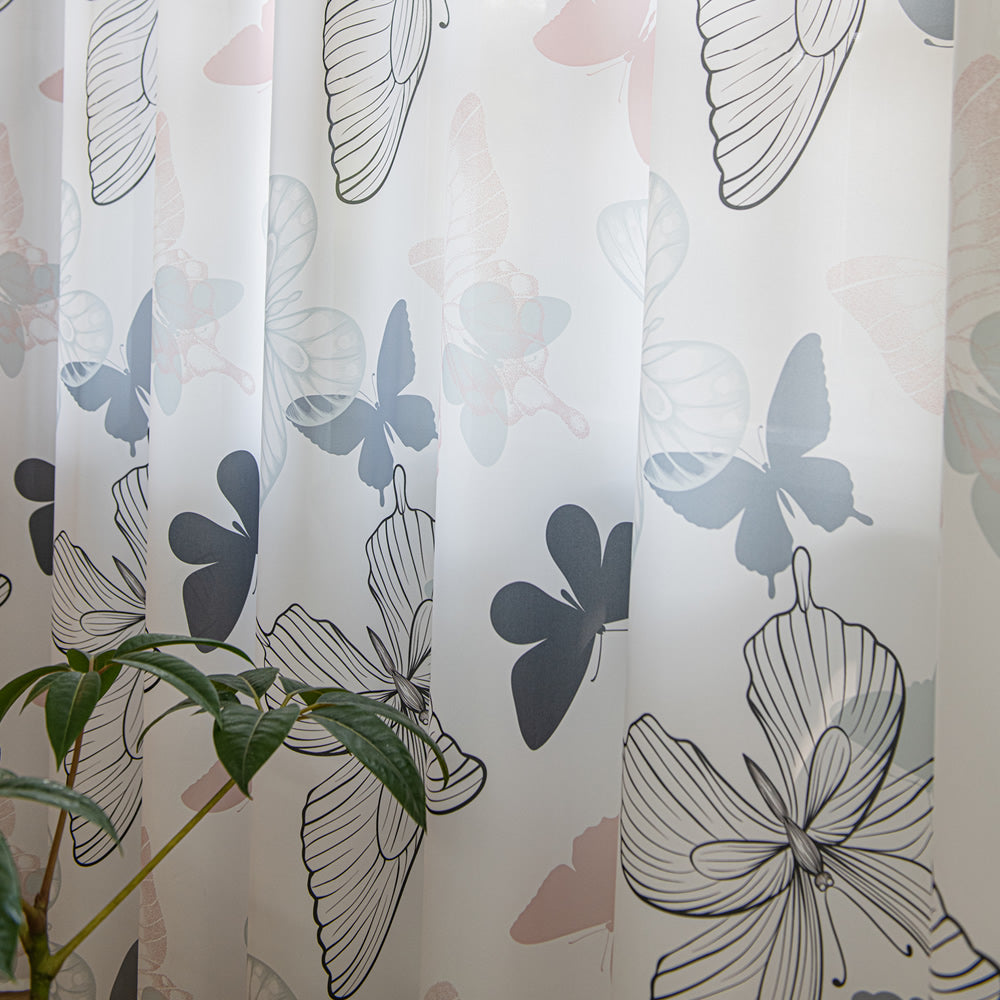 Retro Fashion White Sheer Curtains with Blue and Pink Butterfly Print