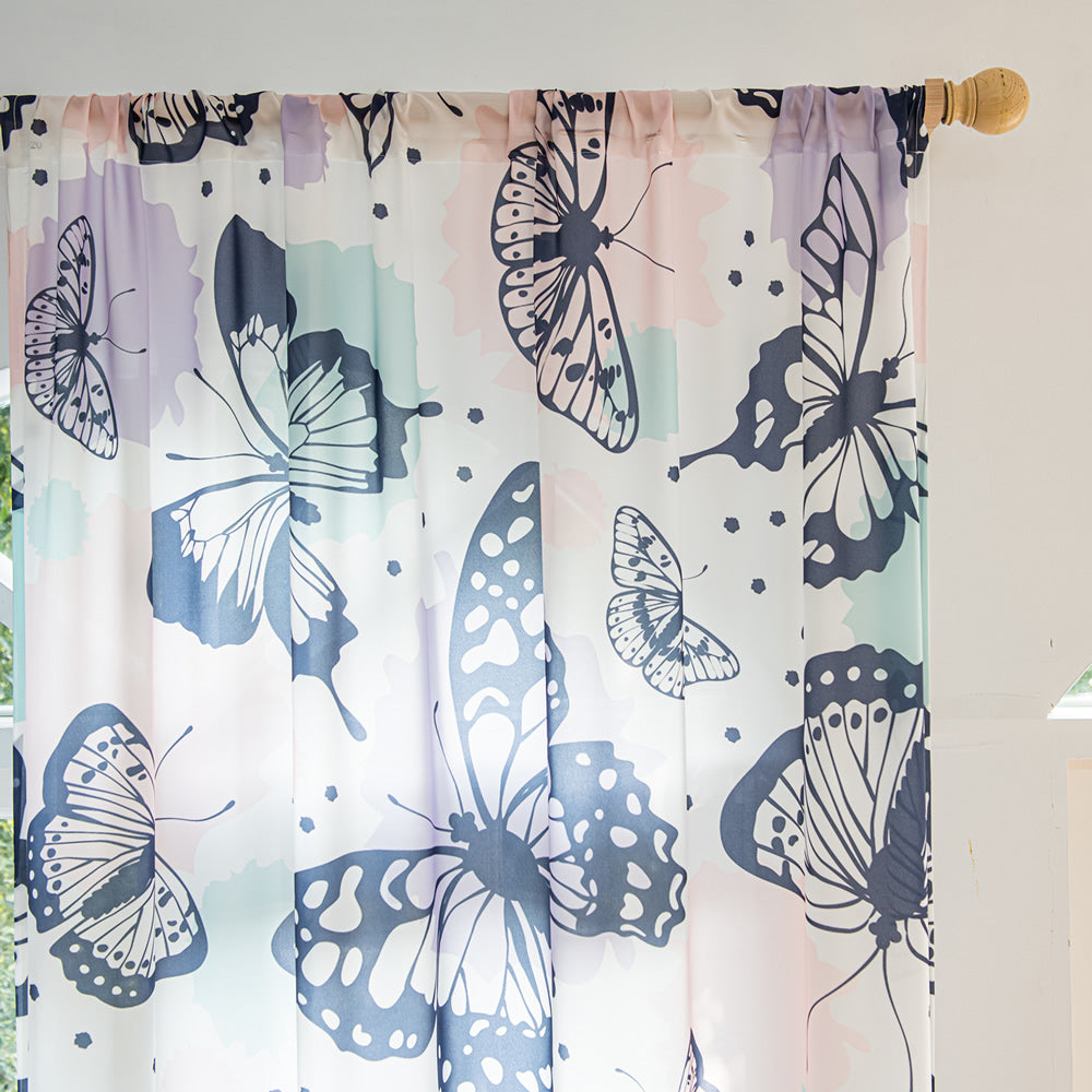 White Sheer Curtains with Blue Butterfly and Colorful Watercolor Design Print