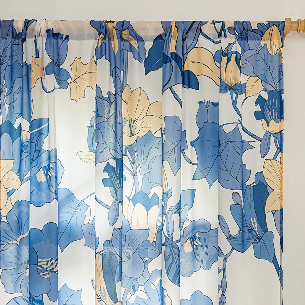 Blue Sheer Curtains with Yellow Lily and Floral Print