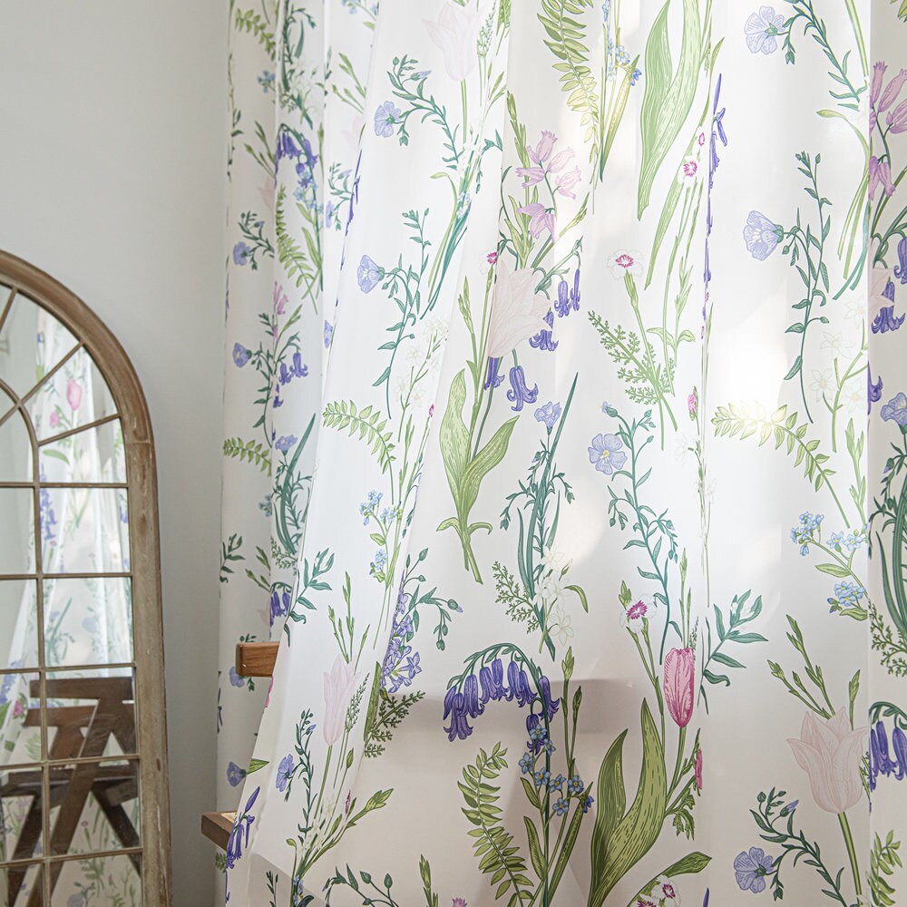 Pretty White Sheer Curtains with Tulip and Violet Print