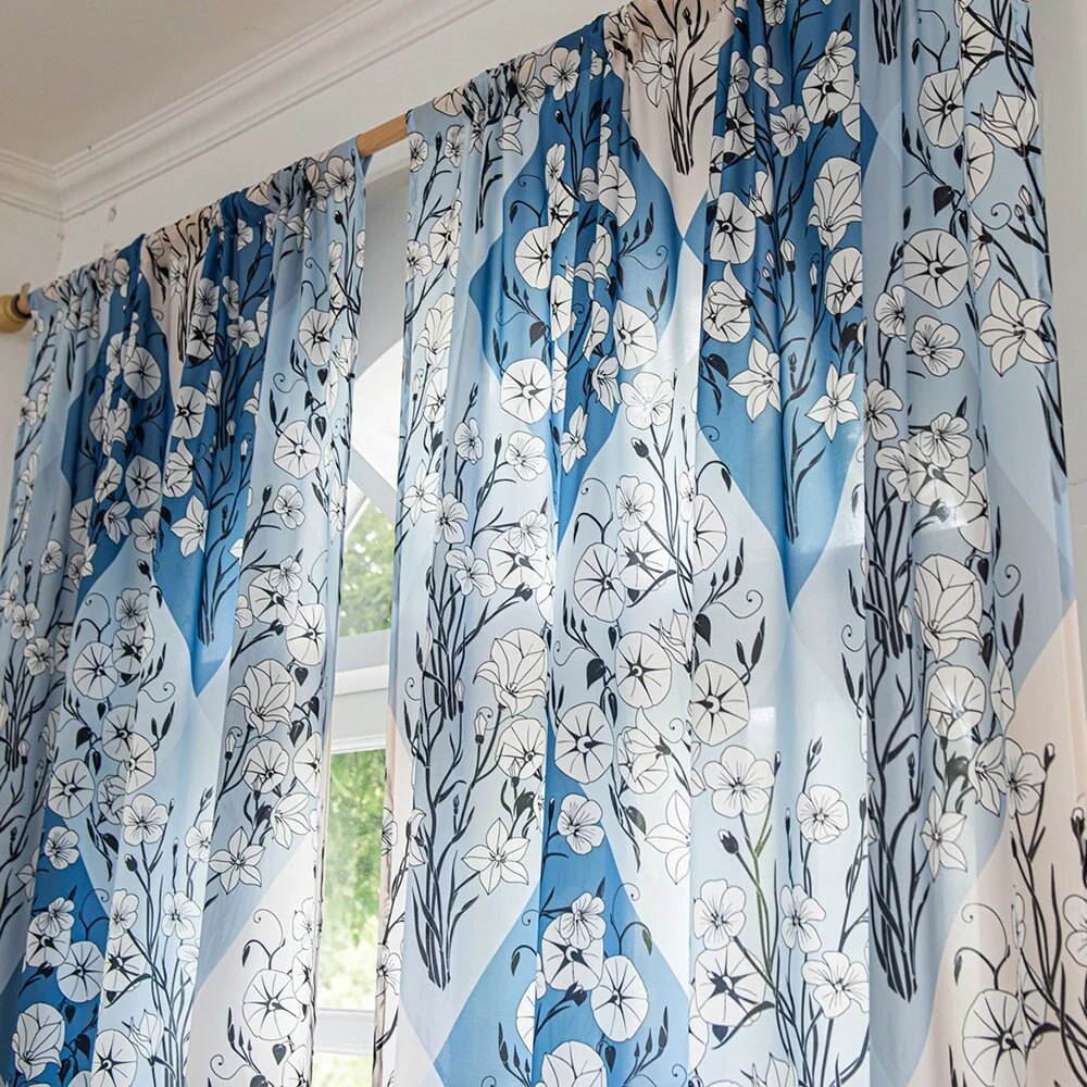 Retro Blue Sheer Curtains with White Floral Diamond Print