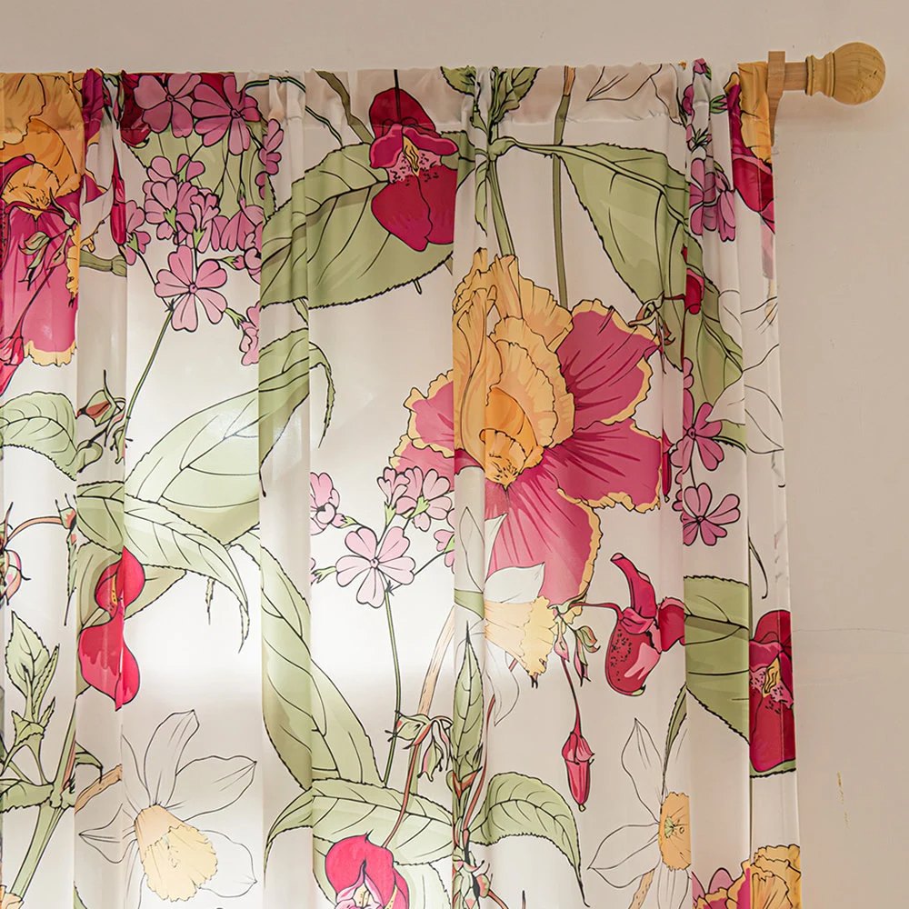 Red and Yellow Sheer Curtains with Tropical Leaves and Vintage Flower Print